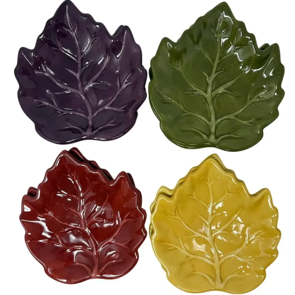 Tabletops Lifestyles Fruit Medley Leaf Plates Set 14 Hand Painted Ceramic